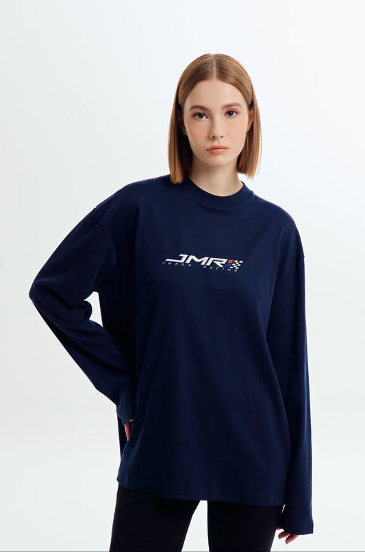 JMR Unisex Embroidered Logo Long Sleeve T-Shirt Navy Blue